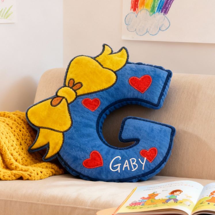 Personalized Letter Name Custom Soft Decorative Gift Blue Yellow Bow Style Cute Heart Cozy Fun Playful Lovely Kids Room Sweet Adorable Plush Decor Graphic 3D Print Pillow