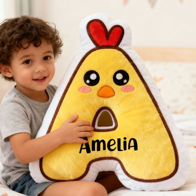 Personalized Chick Letter Name Custom Soft Decorative Gift Cute Animal Style Fun Yellow Cozy Playful Nursery Adorable Farm Cartoon Warm Plush Graphic 3D Print Pillow