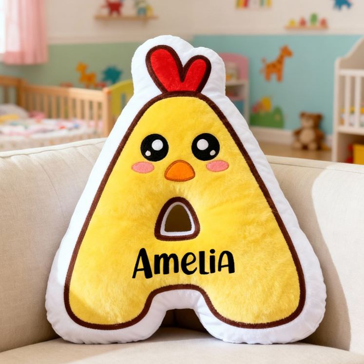 Personalized Chick Letter Name Custom Soft Decorative Gift Cute Animal Style Fun Yellow Cozy Playful Nursery Adorable Farm Cartoon Warm Plush Graphic 3D Print Pillow