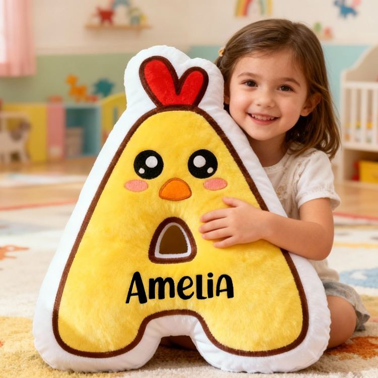 Personalized Chick Letter Name Custom Soft Decorative Gift Cute Animal Style Fun Yellow Cozy Playful Nursery Adorable Farm Cartoon Warm Plush Graphic 3D Print Pillow