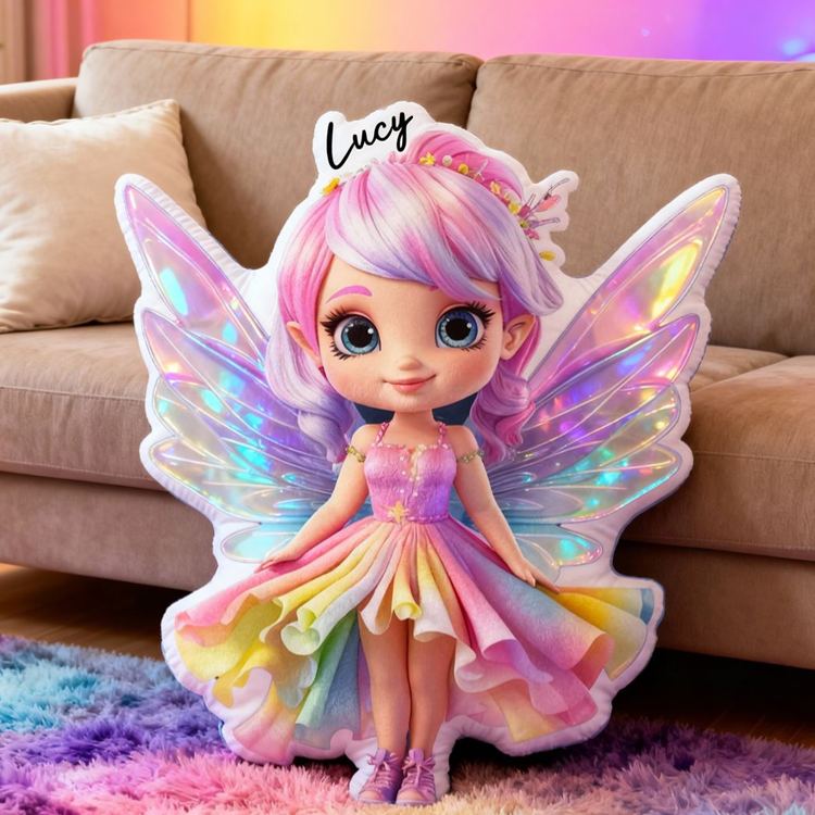 Personalized Fairy Girl Name Custom Soft Decorative Gift Magical Rainbow Style Sparkle Wings Cute Dream Whimsical Fantasy Colorful Cozy Room Decor Graphic 3D Print Pillow