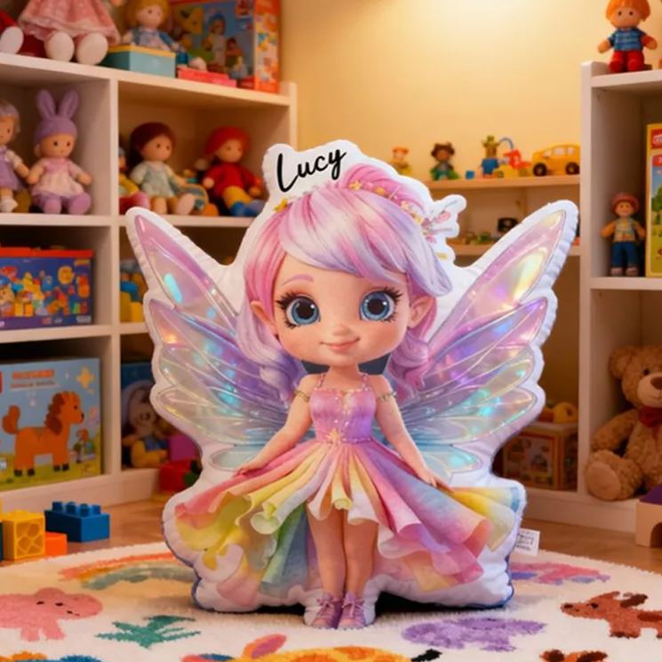 Personalized Fairy Girl Name Custom Soft Decorative Gift Magical Rainbow Style Sparkle Wings Cute Dream Whimsical Fantasy Colorful Cozy Room Decor Graphic 3D Print Pillow