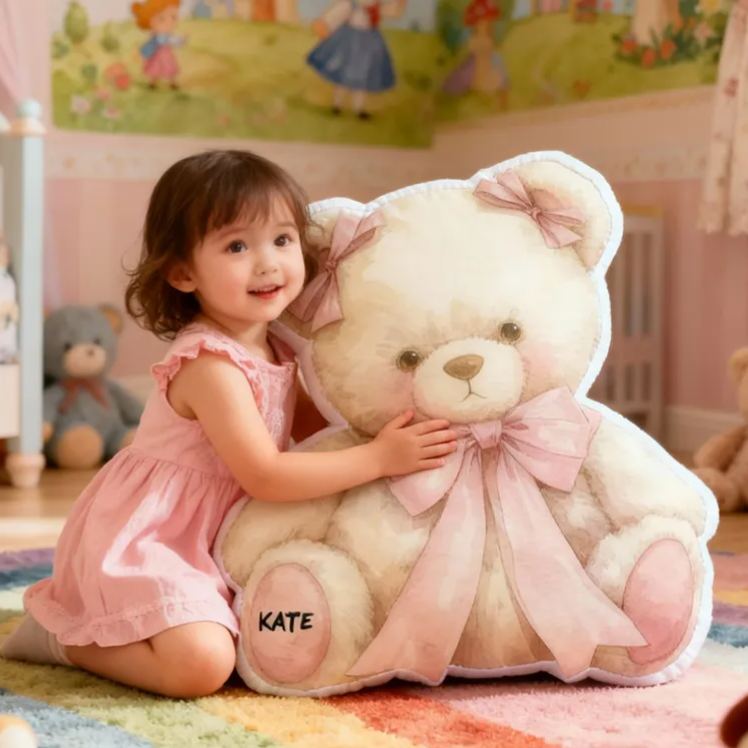 Personalized Teddy Bear Name Custom Soft Decorative Gift Cute Pink Bow Style Cozy Warm Hug Sweet Childhood Memory Plush Friend Lovely Nursery Graphic 3D Print Pillow