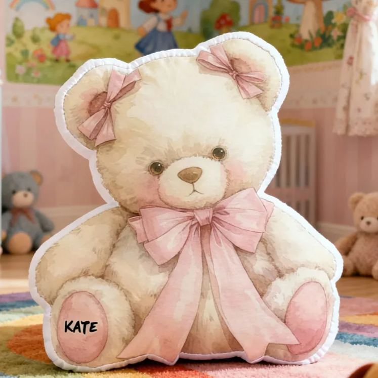 Personalized Teddy Bear Name Custom Soft Decorative Gift Cute Pink Bow Style Cozy Warm Hug Sweet Childhood Memory Plush Friend Lovely Nursery Graphic 3D Print Pillow