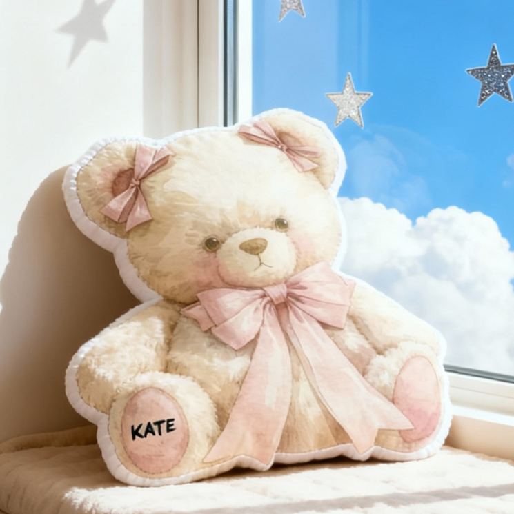 Personalized Teddy Bear Name Custom Soft Decorative Gift Cute Pink Bow Style Cozy Warm Hug Sweet Childhood Memory Plush Friend Lovely Nursery Graphic 3D Print Pillow