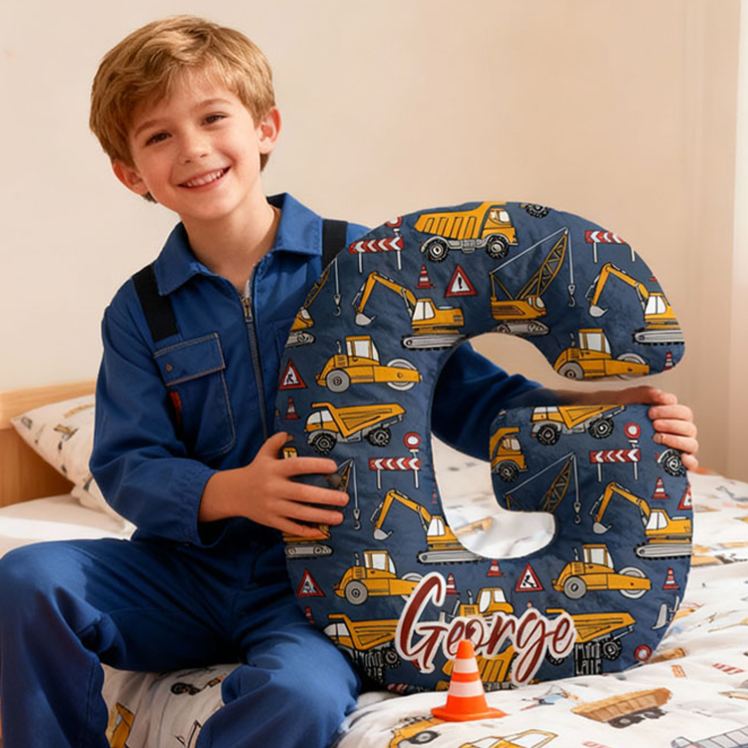 Personalized Construction Letter Name Custom Soft Decorative Gift Builder Truck Style Fun Cozy Kid Room Excavator Adventure Yellow Helmet Road Work Graphic 3D Print Pillow