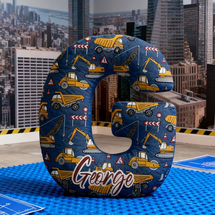 Personalized Construction Letter Name Custom Soft Decorative Gift Builder Truck Style Fun Cozy Kid Room Excavator Adventure Yellow Helmet Road Work Graphic 3D Print Pillow