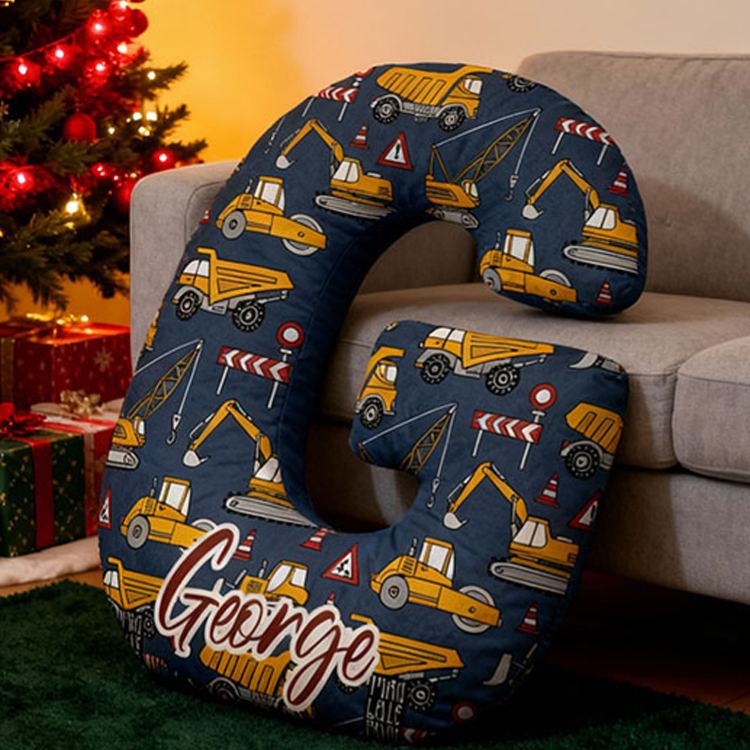 Personalized Construction Letter Name Custom Soft Decorative Gift Builder Truck Style Fun Cozy Kid Room Excavator Adventure Yellow Helmet Road Work Graphic 3D Print Pillow