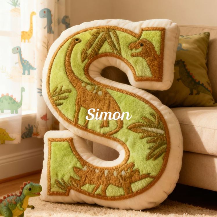Personalized Dinosaur Letter Name Custom Soft Decorative Gift Adventure Style Fun Green Cozy Kid Room Prehistoric Animal Cute Playful Graphic 3D Print Pillow