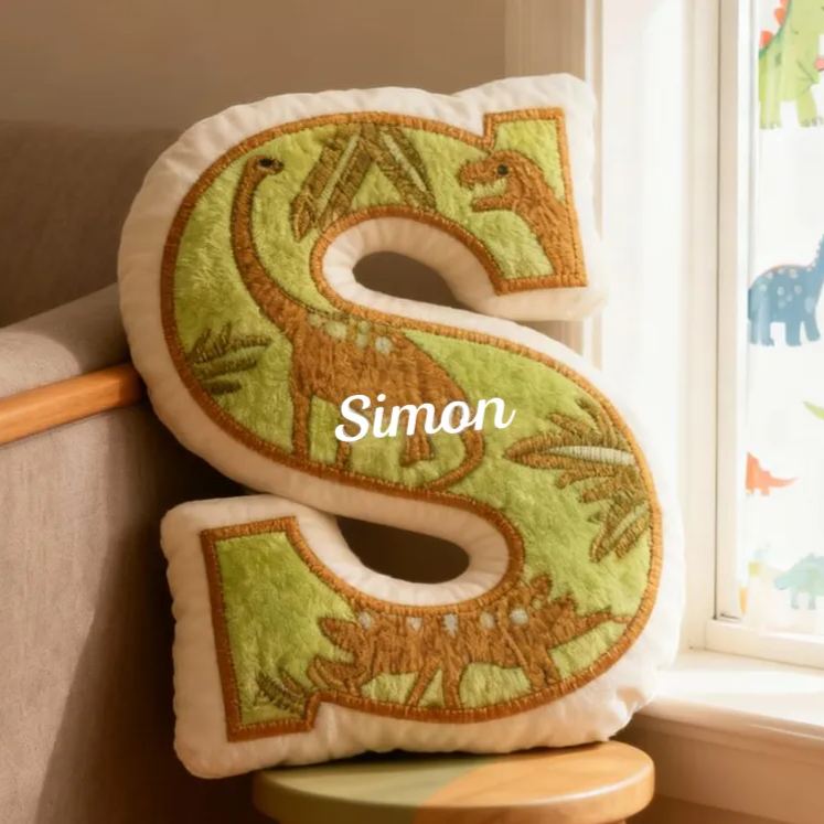 Personalized Dinosaur Letter Name Custom Soft Decorative Gift Adventure Style Fun Green Cozy Kid Room Prehistoric Animal Cute Playful Graphic 3D Print Pillow