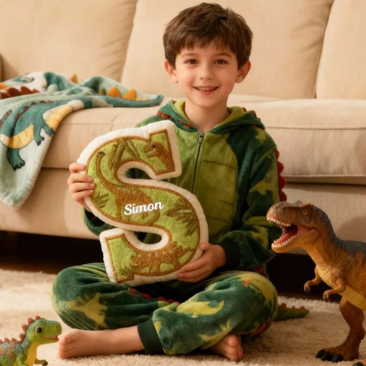 Personalized Dinosaur Letter Name Custom Soft Decorative Gift Adventure Style Fun Green Cozy Kid Room Prehistoric Animal Cute Playful Graphic 3D Print Pillow