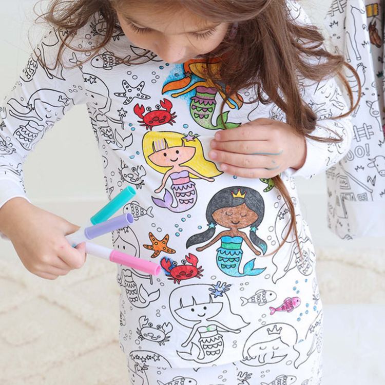 Personalized Coloring Custom  Mermaid Magic Creative Gift Fun Art Style Interactive Play Educational Cozy Sleepwear Cute Dream Kids DIY Drawing Adventure Colorable Two Piece Pajama Set