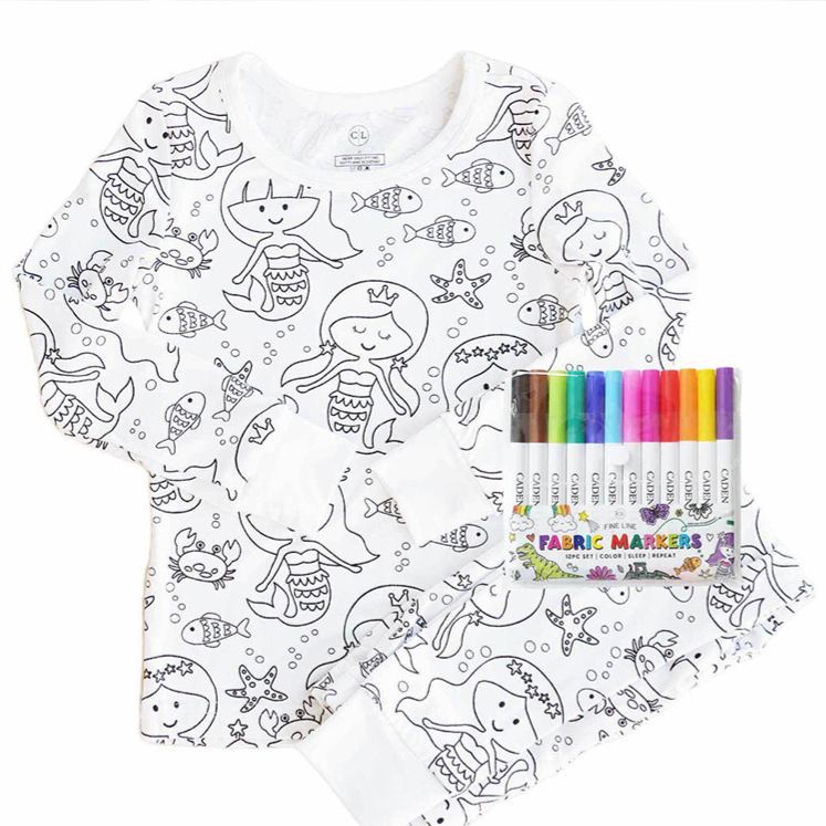 Personalized Coloring Custom  Mermaid Magic Creative Gift Fun Art Style Interactive Play Educational Cozy Sleepwear Cute Dream Kids DIY Drawing Adventure Colorable Two Piece Pajama Set