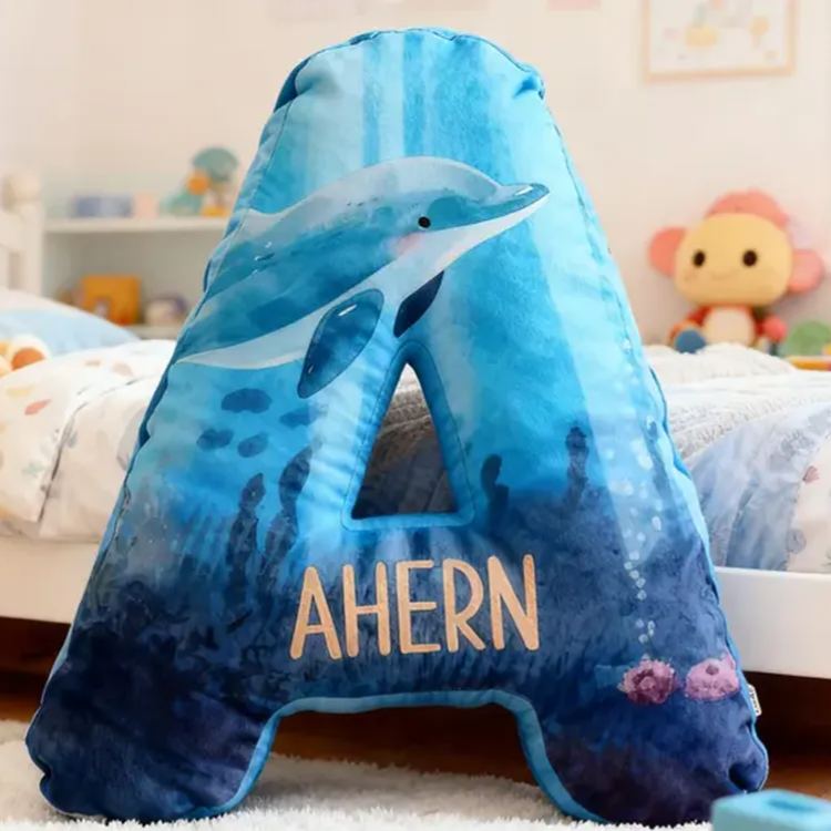 Personalized Dolphin Ocean Letter Name Custom Soft Decorative Gift Sea Adventure Style Blue Underwater Cute Cozy Wave Marine Animal Fantasy Graphic 3D Print Pillow