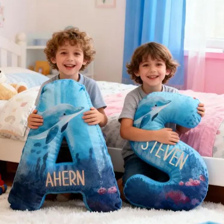 Personalized Dolphin Ocean Letter Name Custom Soft Decorative Gift Sea Adventure Style Blue Underwater Cute Cozy Wave Marine Animal Fantasy Graphic 3D Print Pillow