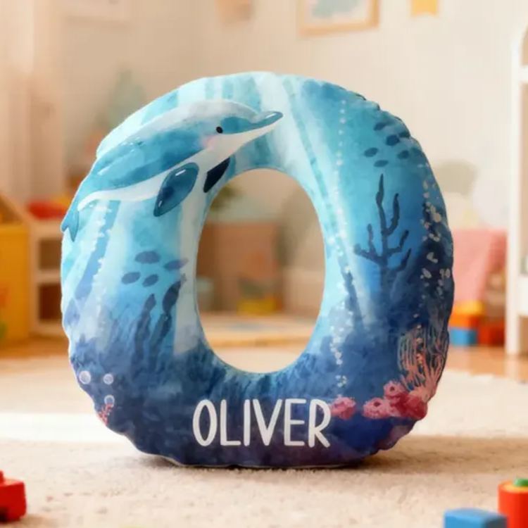Personalized Dolphin Ocean Letter Name Custom Soft Decorative Gift Sea Adventure Style Blue Underwater Cute Cozy Wave Marine Animal Fantasy Graphic 3D Print Pillow
