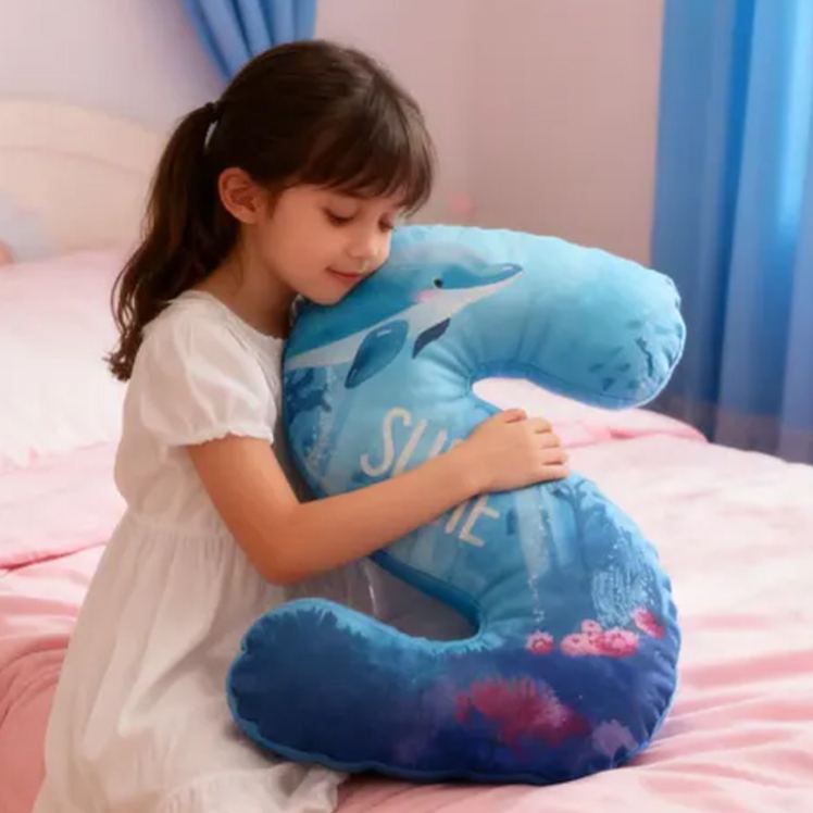 Personalized Dolphin Ocean Letter Name Custom Soft Decorative Gift Sea Adventure Style Blue Underwater Cute Cozy Wave Marine Animal Fantasy Graphic 3D Print Pillow