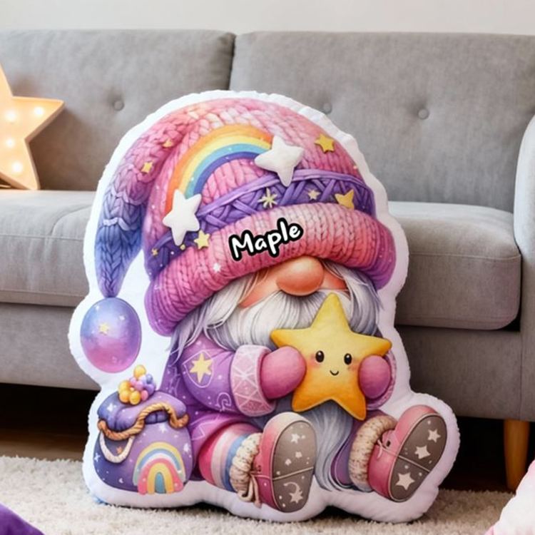 Personalized Rainbow Gnome Name Custom Soft Decorative Gift Magical Fantasy Style Cute Cozy Dream Colorful Star Moon Whimsical Joyful Home Decor Graphic 3D Print Pillow