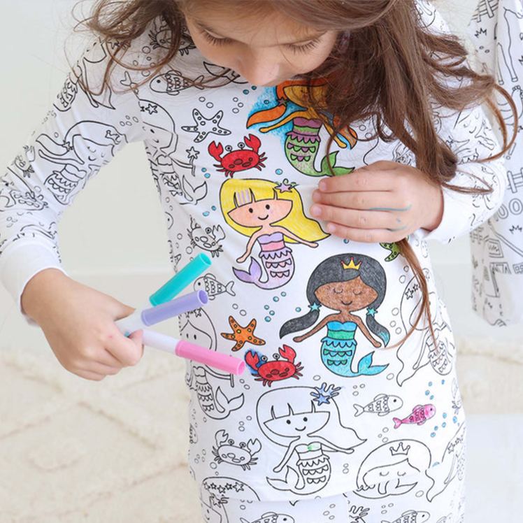 Personalized Coloring Custom  Mermaid Magic Creative Gift Fun Art Style Interactive Play Educational Cozy Sleepwear Cute Dream Kids DIY Drawing Adventure Colorable Two Piece Pajama Set
