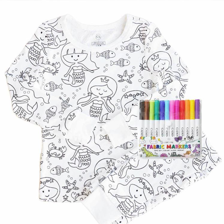 Personalized Coloring Custom  Mermaid Magic Creative Gift Fun Art Style Interactive Play Educational Cozy Sleepwear Cute Dream Kids DIY Drawing Adventure Colorable Two Piece Pajama Set