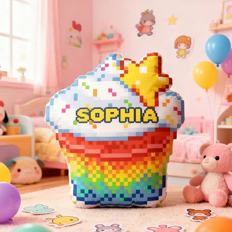 Personalized Pixel Cupcake Name Custom Soft Decorative Gift Rainbow Star Style Fun Colorful Sweet Cozy Kid Room Lovely Dessert Fantasy Dream Graphic 3D Print Pillow