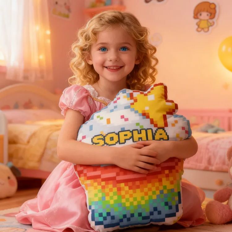 Personalized Pixel Cupcake Name Custom Soft Decorative Gift Rainbow Star Style Fun Colorful Sweet Cozy Kid Room Lovely Dessert Fantasy Dream Graphic 3D Print Pillow