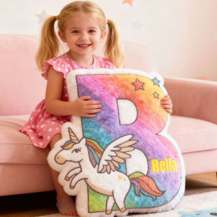 Personalized Rainbow Horse Letter Name Custom Soft Decorative Gift Magical Fantasy Style Cute Dream Lovely Princess Cozy Bedroom Playroom Colorful Star Graphic 3D Print Pillow