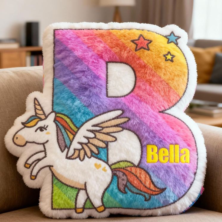 Personalized Rainbow Horse Letter Name Custom Soft Decorative Gift Magical Fantasy Style Cute Dream Lovely Princess Cozy Bedroom Playroom Colorful Star Graphic 3D Print Pillow