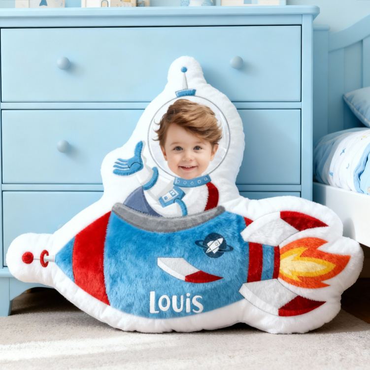 Personalized Rocket Spaceship Name Custom Soft Decorative Gift Space Adventure Style Fun Playful Cozy Kid Room Astronaut Dream Galaxy Star Blastoff Graphic 3D Print Pillow