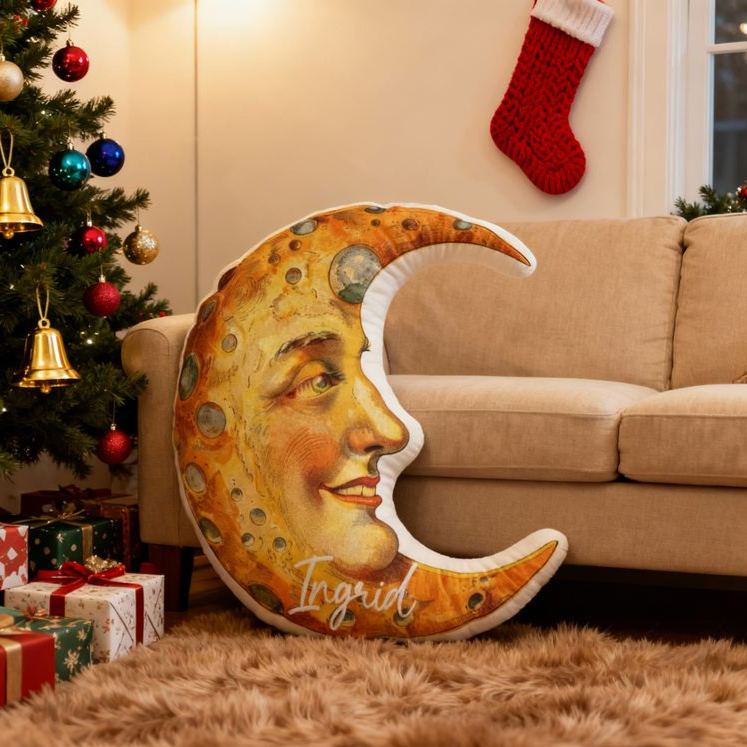 Personalized Moon Face Name Custom Soft Decorative Gift Celestial Dream Style Cozy Bedroom Magical Night Sky Star Romantic Fantasy Warm Glow Art Graphic 3D Print Pillow