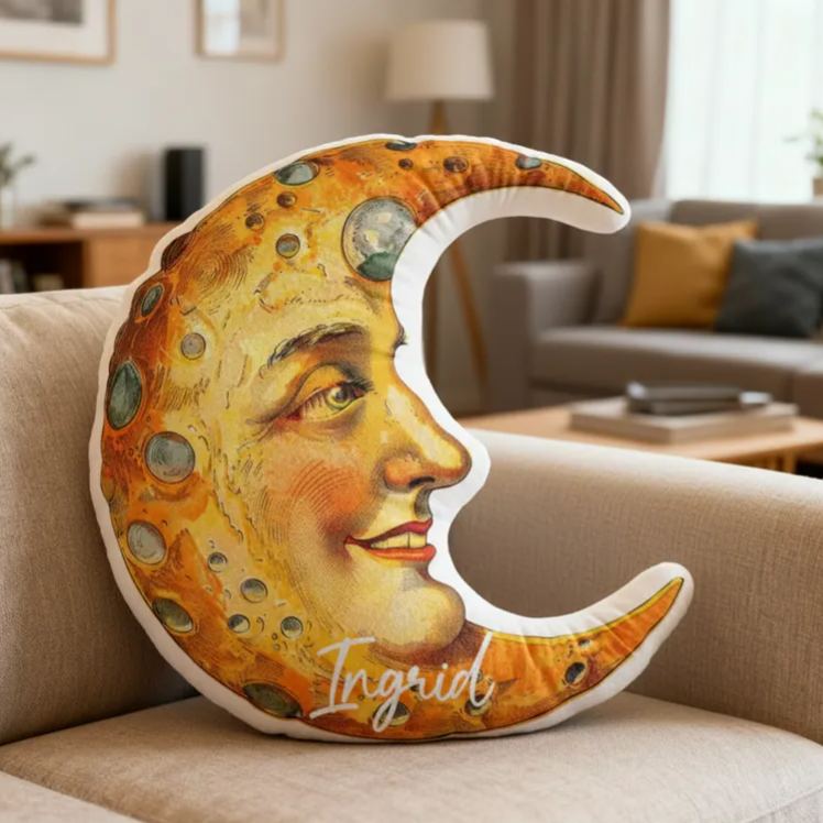 Personalized Moon Face Name Custom Soft Decorative Gift Celestial Dream Style Cozy Bedroom Magical Night Sky Star Romantic Fantasy Warm Glow Art Graphic 3D Print Pillow
