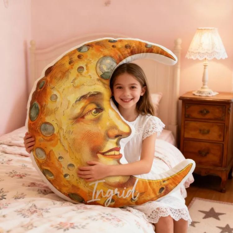 Personalized Moon Face Name Custom Soft Decorative Gift Celestial Dream Style Cozy Bedroom Magical Night Sky Star Romantic Fantasy Warm Glow Art Graphic 3D Print Pillow