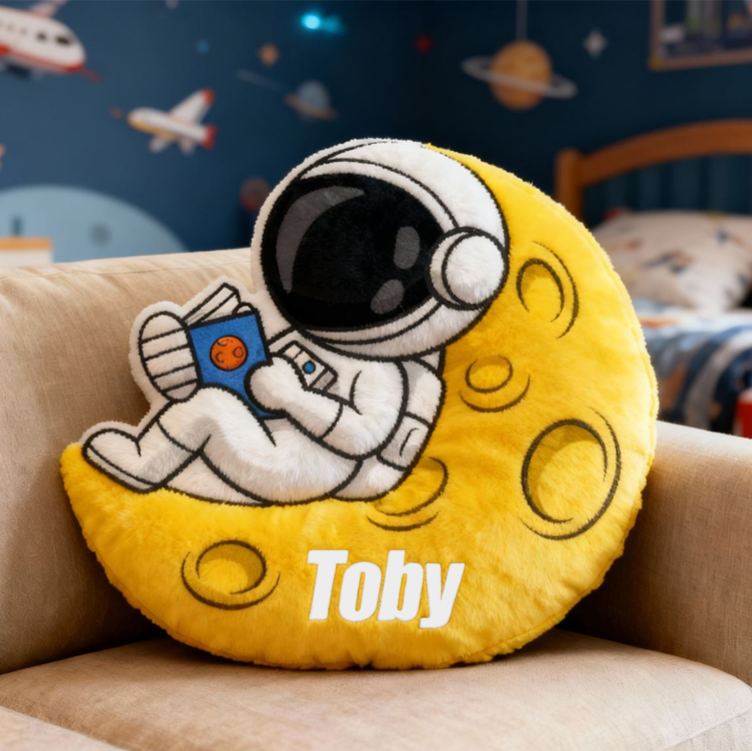 Personalized Astronaut Moon Name Custom Soft Decorative Gift Space Adventure Style Fun Playful Cozy Kid Room Dream Galaxy Rocket Star Planet Cosmic Graphic 3D Print Pillow
