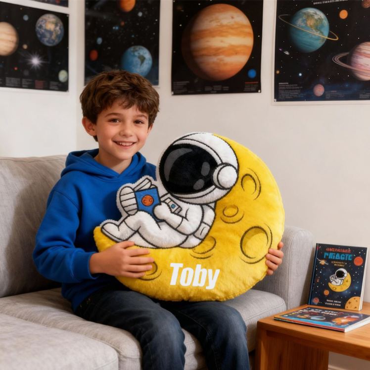Personalized Astronaut Moon Name Custom Soft Decorative Gift Space Adventure Style Fun Playful Cozy Kid Room Dream Galaxy Rocket Star Planet Cosmic Graphic 3D Print Pillow