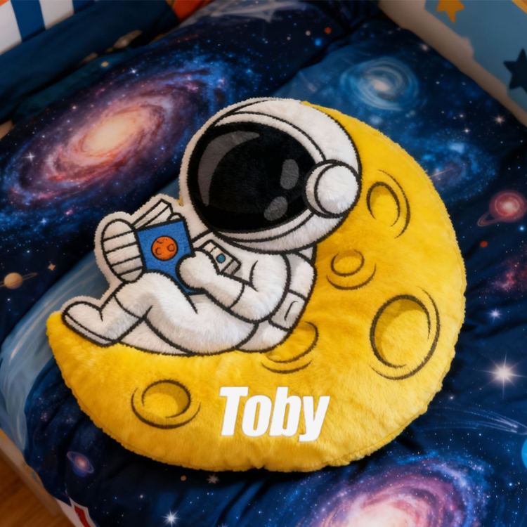 Personalized Astronaut Moon Name Custom Soft Decorative Gift Space Adventure Style Fun Playful Cozy Kid Room Dream Galaxy Rocket Star Planet Cosmic Graphic 3D Print Pillow