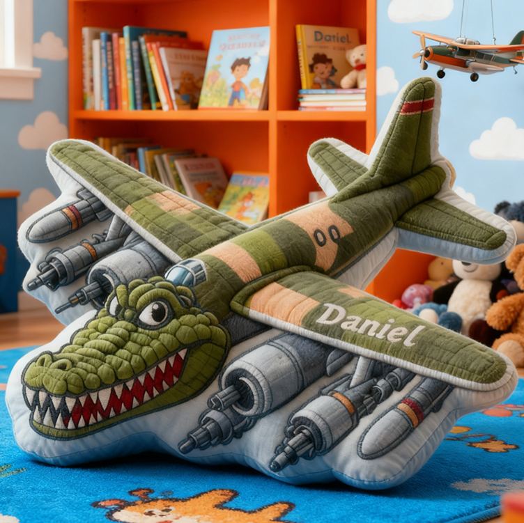 Personalized Airplane Name Custom Soft Decorative Gift Fighter Jet Adventure Style Fun Playful Cozy Boy Room Cool Aviator Sky Battle Power Wings Graphic 3D Print Pillow