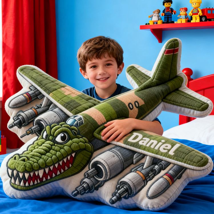 Personalized Airplane Name Custom Soft Decorative Gift Fighter Jet Adventure Style Fun Playful Cozy Boy Room Cool Aviator Sky Battle Power Wings Graphic 3D Print Pillow