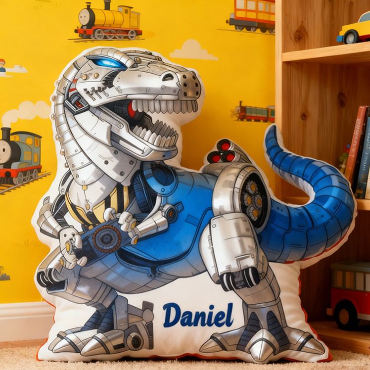 Personalized Robot Dinosaur Name Custom Soft Decorative Gift Futuristic Mechanical Style Fun Playful Cozy Boy Room Exciting Tech Power Jurassic Metal Graphic 3D Print Pillow