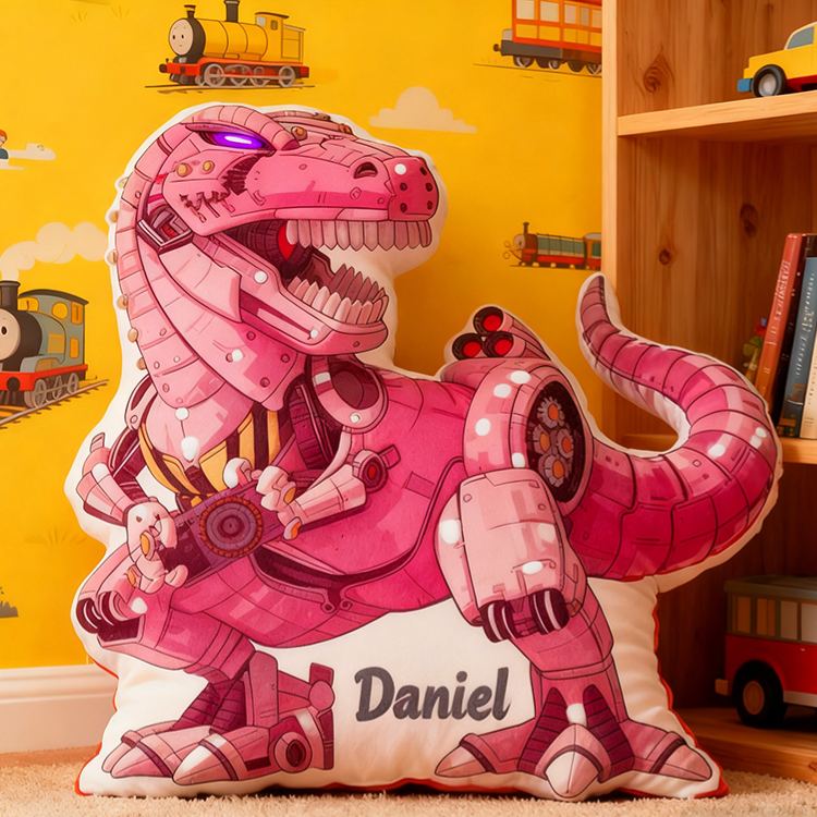Personalized Robot Dinosaur Name Custom Soft Decorative Gift Futuristic Mechanical Style Fun Playful Cozy Boy Room Exciting Tech Power Jurassic Metal Graphic 3D Print Pillow