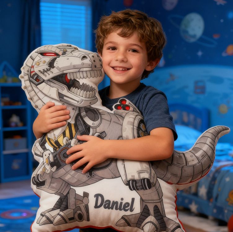 Personalized Robot Dinosaur Name Custom Soft Decorative Gift Futuristic Mechanical Style Fun Playful Cozy Boy Room Exciting Tech Power Jurassic Metal Graphic 3D Print Pillow