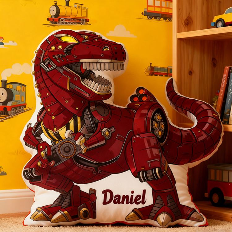 Personalized Robot Dinosaur Name Custom Soft Decorative Gift Futuristic Mechanical Style Fun Playful Cozy Boy Room Exciting Tech Power Jurassic Metal Graphic 3D Print Pillow