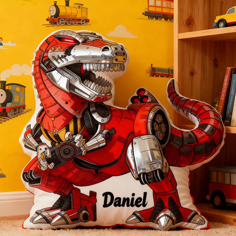 Personalized Robot Dinosaur Name Custom Soft Decorative Gift Futuristic Mechanical Style Fun Playful Cozy Boy Room Exciting Tech Power Jurassic Metal Graphic 3D Print Pillow