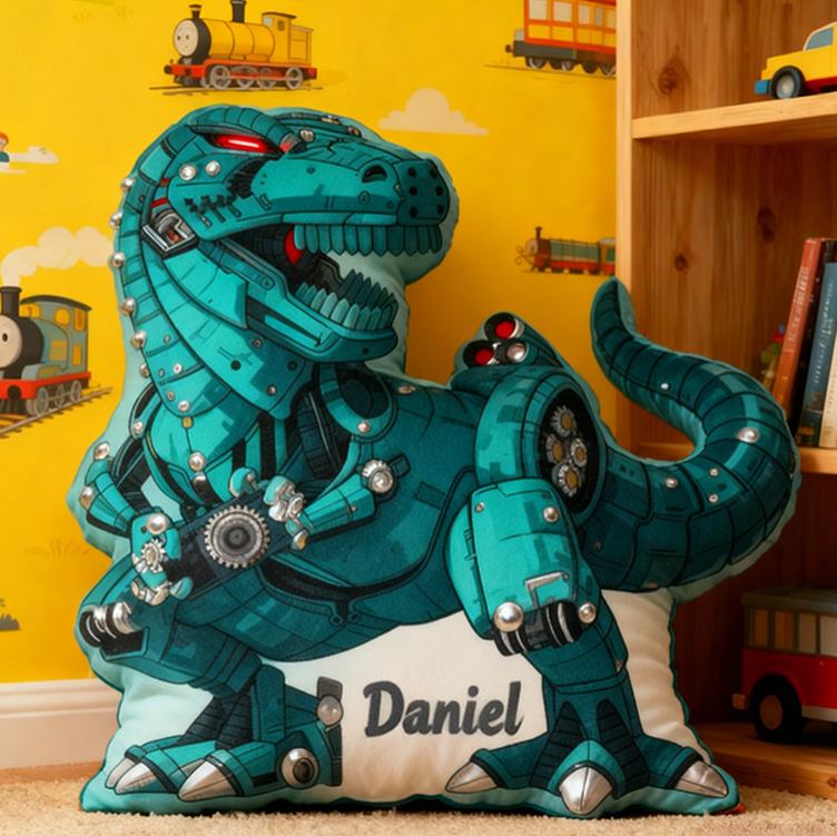 Personalized Robot Dinosaur Name Custom Soft Decorative Gift Futuristic Mechanical Style Fun Playful Cozy Boy Room Exciting Tech Power Jurassic Metal Graphic 3D Print Pillow