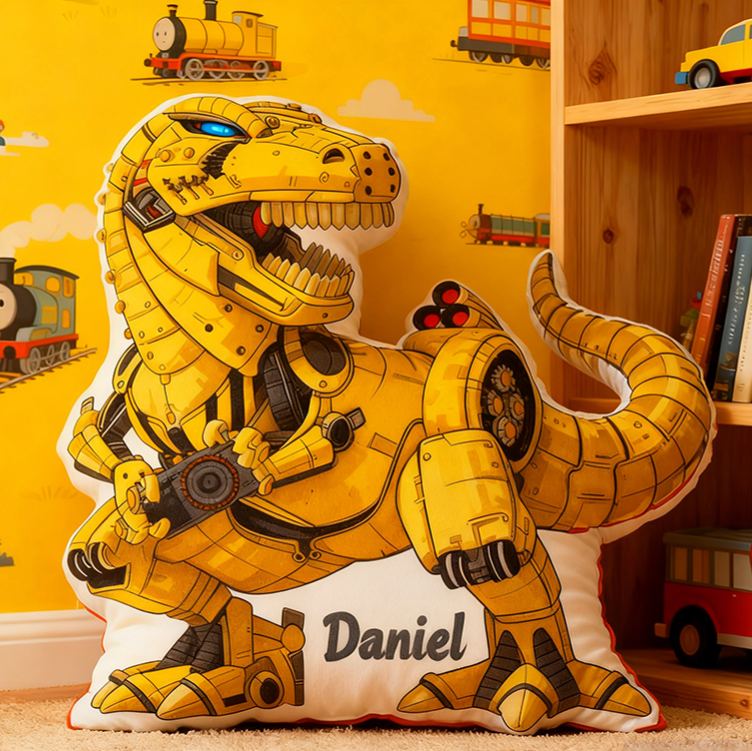 Personalized Robot Dinosaur Name Custom Soft Decorative Gift Futuristic Mechanical Style Fun Playful Cozy Boy Room Exciting Tech Power Jurassic Metal Graphic 3D Print Pillow