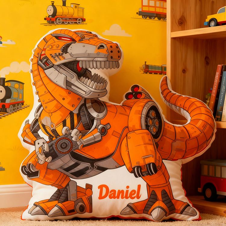Personalized Robot Dinosaur Name Custom Soft Decorative Gift Futuristic Mechanical Style Fun Playful Cozy Boy Room Exciting Tech Power Jurassic Metal Graphic 3D Print Pillow