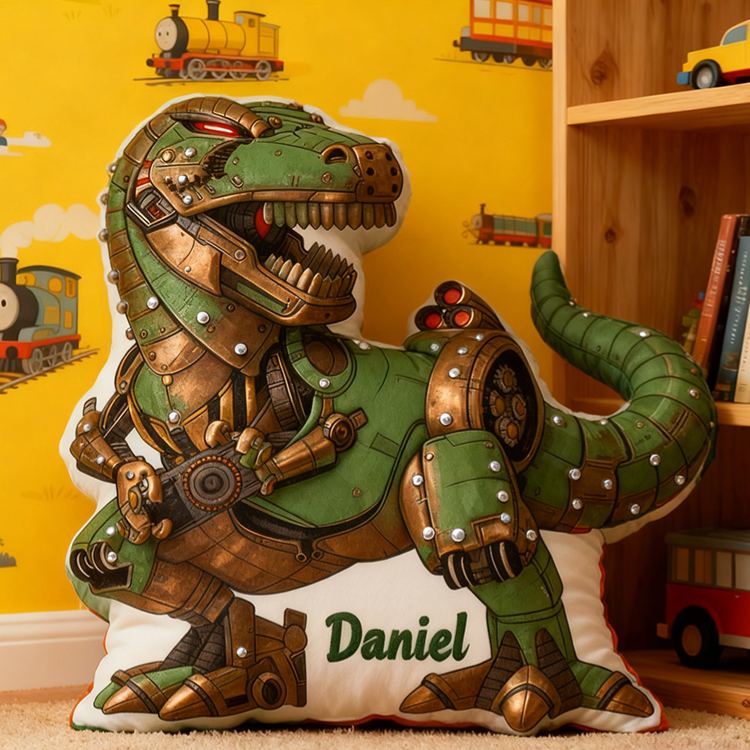 Personalized Robot Dinosaur Name Custom Soft Decorative Gift Futuristic Mechanical Style Fun Playful Cozy Boy Room Exciting Tech Power Jurassic Metal Graphic 3D Print Pillow
