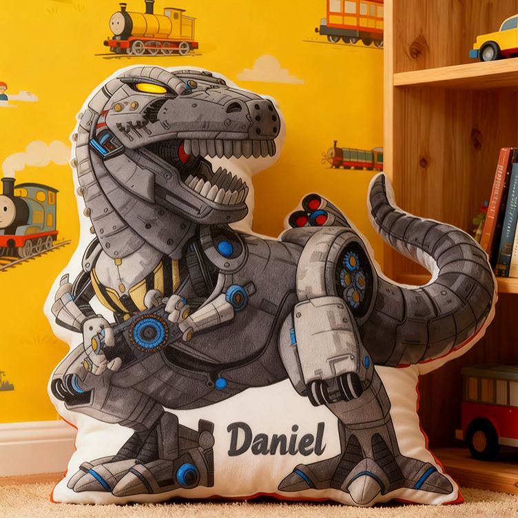 Personalized Robot Dinosaur Name Custom Soft Decorative Gift Futuristic Mechanical Style Fun Playful Cozy Boy Room Exciting Tech Power Jurassic Metal Graphic 3D Print Pillow