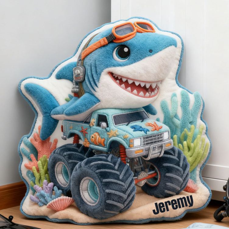 Personalized Shark Monster Truck Name Custom Soft Decorative Gift Ocean Adventure Style Fun Playful Cozy Boy Room Exciting Power Wheels Deep Sea Graphic 3D Print Pillow