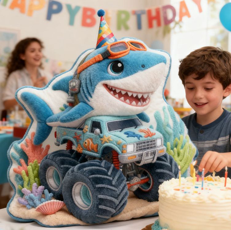 Personalized Shark Monster Truck Name Custom Soft Decorative Gift Ocean Adventure Style Fun Playful Cozy Boy Room Exciting Power Wheels Deep Sea Graphic 3D Print Pillow