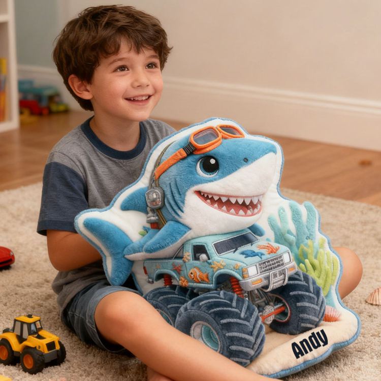 Personalized Shark Monster Truck Name Custom Soft Decorative Gift Ocean Adventure Style Fun Playful Cozy Boy Room Exciting Power Wheels Deep Sea Graphic 3D Print Pillow